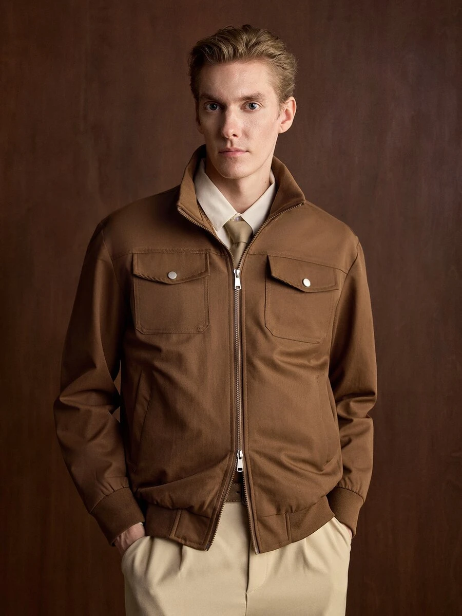 Formmaro Men's Autumn/Winter Daily Commute Stand Collar Zip-Up Jacket, Brown, Old Money - Brown - View 1