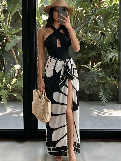 SHEIN SunnyBelle Women's Elegant Beach Set Black Criss-Cross Strap Hollow Out Top One-Piece Swimsuit, Paired With Printed Pattern Mesh Long Skirt For Beach Vacation