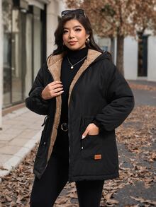 SHEIN Clasi 大尺碼人造兔毛內裡連帽羽絨外套，拼接設計，黑色冬季休閒優雅寬鬆款，適合假期外出與夜店場合 - 黑色 - 查看 8