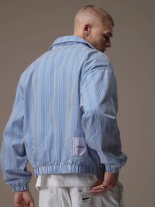 Emperor [100% Cotton] Áo khoác nam dáng rộng kẻ sọc khóa kéo, phong cách streetwear cho du lịch thành phố, đi chơi, mặc hàng ngày mùa Thu/Đông - Xanh và trắng - Xem 2