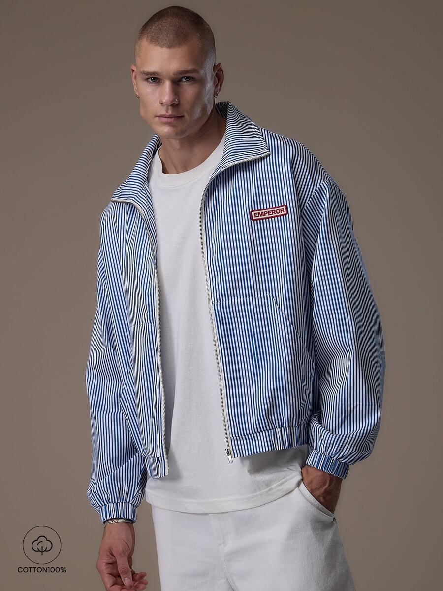 Emperor [100% Cotton] Áo khoác nam dáng rộng kẻ sọc khóa kéo, phong cách streetwear cho du lịch thành phố, đi chơi, mặc hàng ngày mùa Thu/Đông - Xanh và trắng - Xem 1