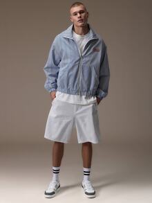 Emperor [100% Cotton] Áo khoác nam dáng rộng kẻ sọc khóa kéo, phong cách streetwear cho du lịch thành phố, đi chơi, mặc hàng ngày mùa Thu/Đông - Xanh và trắng - Xem 5