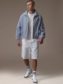 Emperor [100% Cotton] Áo khoác nam dáng rộng kẻ sọc khóa kéo, phong cách streetwear cho du lịch thành phố, đi chơi, mặc hàng ngày mùa Thu/Đông - Xanh và trắng - Xem 3