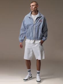 Emperor [100% Cotton] Áo khoác nam dáng rộng kẻ sọc khóa kéo, phong cách streetwear cho du lịch thành phố, đi chơi, mặc hàng ngày mùa Thu/Đông - Xanh và trắng - Xem 6