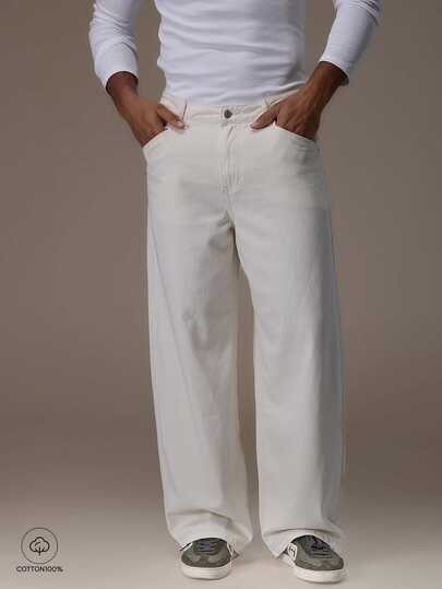 Emperor [100% Cotton] Men's Casual Wide Leg Jeans Autumn Winter Off-White Loose Pockets Streetwear Pants Vacation Dailywear