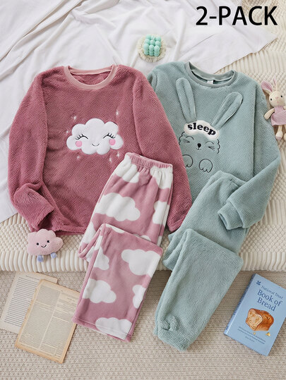 Teen Girls Elegant Minimalist Lazy Haze Blue Autumn/Winter Double-Sided Fleece Fabric Ribbed Crew Neck Long Sleeve Rabbit Ears 3D Design Embroidered Top And Cuffed Pants Thermal Lined Casual Comfortable Loungewear 2 Pieces Set FW Thermal Lined Heavyweight Style