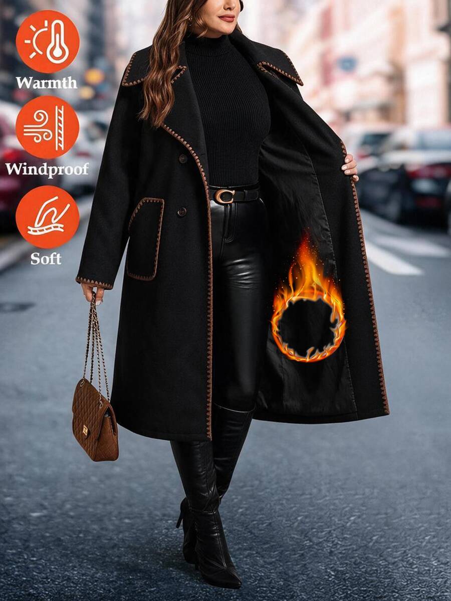 SHEIN Clasi 大尺碼 1920 年代復古優雅休閒時尚貝殼刺繡鈕扣長袖外套 辦公室晚宴商務黑色 秋冬款 - 黑色 - 查看 1