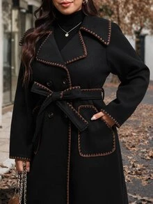 SHEIN Clasi 大尺碼 1920 年代復古優雅休閒時尚貝殼刺繡鈕扣長袖外套 辦公室晚宴商務黑色 秋冬款 - 黑色 - 查看 11
