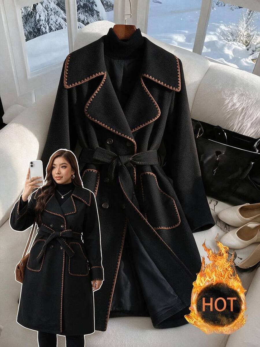SHEIN Clasi 大尺碼 1920 年代復古優雅休閒時尚貝殼刺繡鈕扣長袖外套 辦公室晚宴商務黑色 秋冬款 - 黑色 - 查看 1