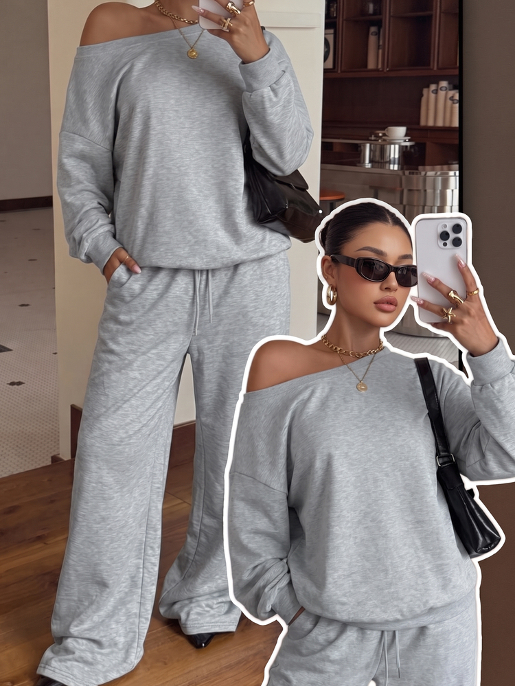 Muchica Plus-Size Grey Asymmetrical Cold Shoulder Sweatshirt And Matching Bottoms A Casual Baggy Sporty Set Suitable For Fall And Vacation Brunch Going Out - Grey - View 1