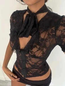 Jeanoix 女款性感深V領彈性網紗修身襯衫 - 黑色 - 查看 5