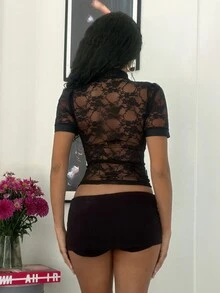 Jeanoix 女款性感深V領彈性網紗修身襯衫 - 黑色 - 查看 2