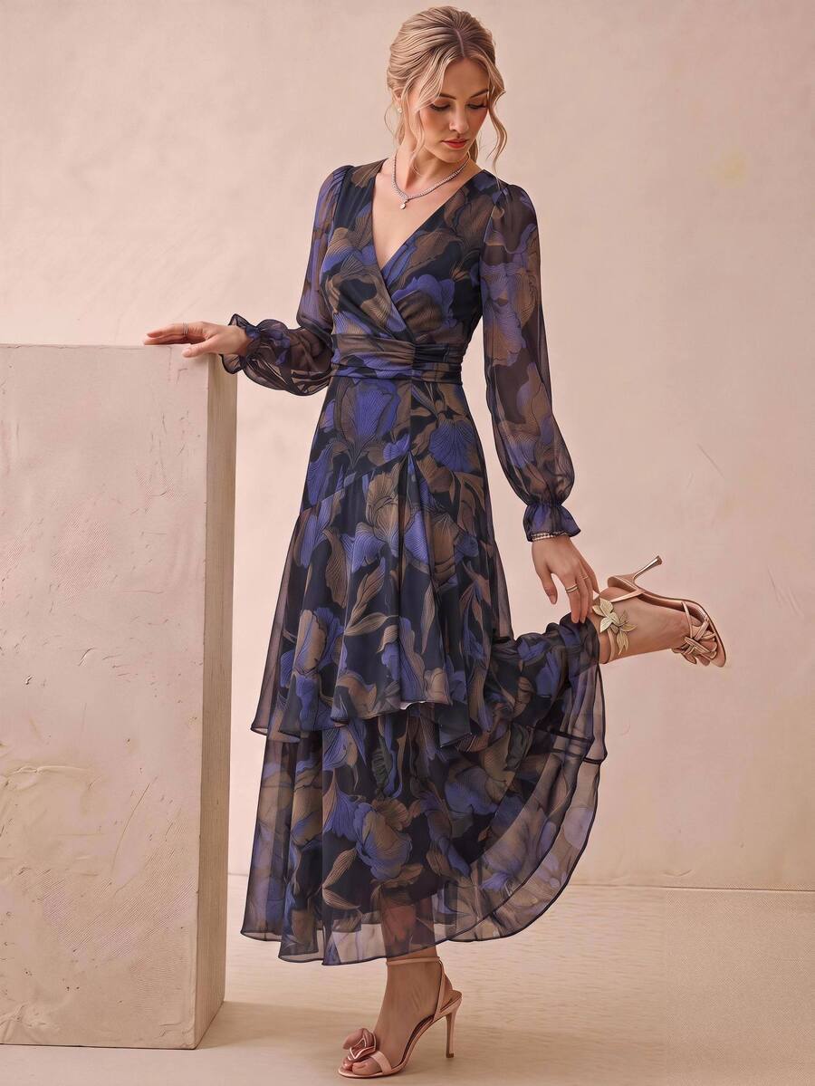 Amorya Women's Gentle French Floral Print Flared Cuff Pleated Dress Party Dress Autumn  Holiday Dress