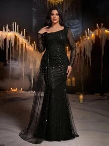 Glamrae Plus Size Elegant Luxury Black Beaded Sequin Sheer Long Sleeve Asymmetrical Neckline Ruched Fitted Mermaid Tail Train Patchwork Side Flounce Heavy Embellishment Evening Gown For Wedding Event Party Ball Dinner (Heavy Design) - Black - View 5