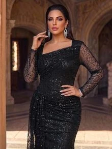 Glamrae Plus Size Elegant Luxury Black Beaded Sequin Sheer Long Sleeve Asymmetrical Neckline Ruched Fitted Mermaid Tail Train Patchwork Side Flounce Heavy Embellishment Evening Gown For Wedding Event Party Ball Dinner (Heavy Design) - Black - View 1