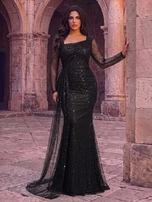 Glamrae Plus Size Elegant Luxury Black Beaded Sequin Sheer Long Sleeve Asymmetrical Neckline Ruched Fitted Mermaid Tail Train Patchwork Side Flounce Heavy Embellishment Evening Gown For Wedding Event Party Ball Dinner (Heavy Design) - Black - View 7