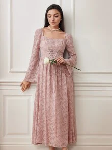 Modelyn Women's Square Neck Long Sleeve Tie Waist Arabic Style Dress Long Evening Dresses - Dusty Pink - View 12