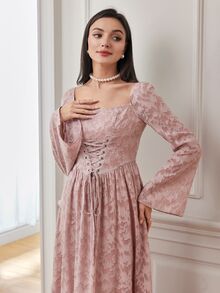 Modelyn Women's Square Neck Long Sleeve Tie Waist Arabic Style Dress Long Evening Dresses - Dusty Pink - View 8