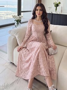 Modelyn Women's Square Neck Long Sleeve Tie Waist Arabic Style Dress Long Evening Dresses - Dusty Pink - View 1