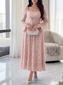 Modelyn Women's Square Neck Long Sleeve Tie Waist Arabic Style Dress Long Evening Dresses - Dusty Pink - View 3