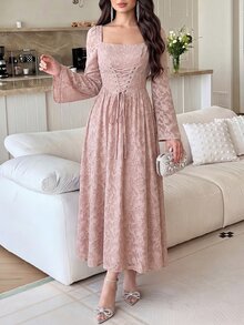 Modelyn Women's Square Neck Long Sleeve Tie Waist Arabic Style Dress Long Evening Dresses - Dusty Pink - View 4