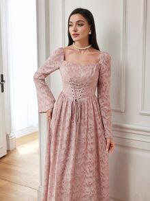 Modelyn Women's Square Neck Long Sleeve Tie Waist Arabic Style Dress Long Evening Dresses - Dusty Pink - View 9