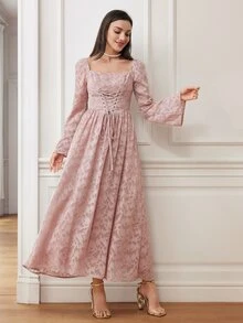 Modelyn Women's Square Neck Long Sleeve Tie Waist Arabic Style Dress Long Evening Dresses - Dusty Pink - View 7