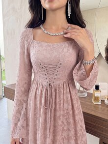 Modelyn Women's Square Neck Long Sleeve Tie Waist Arabic Style Dress Long Evening Dresses - Dusty Pink - View 5