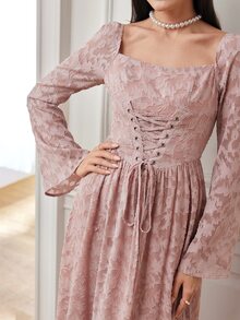 Modelyn Women's Square Neck Long Sleeve Tie Waist Arabic Style Dress Long Evening Dresses - Dusty Pink - View 6