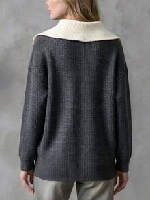 Franclia Sweatshirt Lengan Panjang Rajut Waffle dengan Kerah Kontras Ukuran Besar, Musim Gugur/Musim Dingin - Dark Grey - View 2