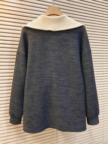 Franclia Sweatshirt Lengan Panjang Rajut Waffle dengan Kerah Kontras Ukuran Besar, Musim Gugur/Musim Dingin - Dark Grey - View 4
