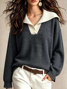 Franclia Sweatshirt Lengan Panjang Rajut Waffle dengan Kerah Kontras Ukuran Besar, Musim Gugur/Musim Dingin - Dark Grey - View 3