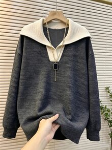 Franclia Sweatshirt Lengan Panjang Rajut Waffle dengan Kerah Kontras Ukuran Besar, Musim Gugur/Musim Dingin - Dark Grey - View 1