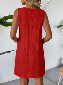 Easowa Summer Casual Boho Beach Vacation Vacation Vacation Vacation Vacation Vacation Cotton Linen Textured Multicolor Sleeveless Tank Style Women's Dress - Red - View 3