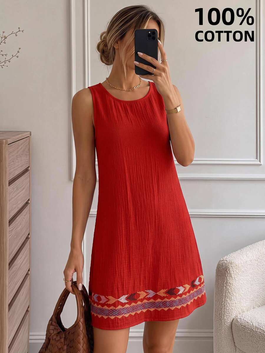 Easowa Summer Casual Boho Beach Vacation Vacation Vacation Vacation Vacation Vacation Cotton Linen Textured Multicolor Sleeveless Tank Style Women's Dress - Red - View 1