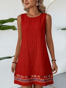 Easowa Summer Casual Boho Beach Vacation Vacation Vacation Vacation Vacation Vacation Cotton Linen Textured Multicolor Sleeveless Tank Style Women's Dress - Red - View 5