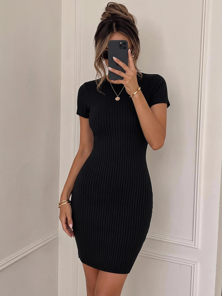 Easowa Women's Crew Neck Short Sleeve Slim Fit Short Casual Dress - Black - View 1