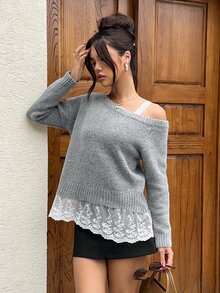 Siren Gaze Women's New Autumn/Winter Asymmetrical Shoulder Long Sleeve Lace Patchwork Pullover Sweater - Grey - View 5