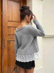 Siren Gaze Women's New Autumn/Winter Asymmetrical Shoulder Long Sleeve Lace Patchwork Pullover Sweater - Grey - View 2
