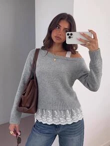 Siren Gaze Women's New Autumn/Winter Asymmetrical Shoulder Long Sleeve Lace Patchwork Pullover Sweater - Grey - View 1