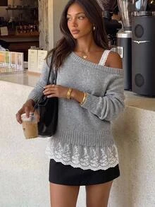 Siren Gaze Women's New Autumn/Winter Asymmetrical Shoulder Long Sleeve Lace Patchwork Pullover Sweater - Grey - View 8