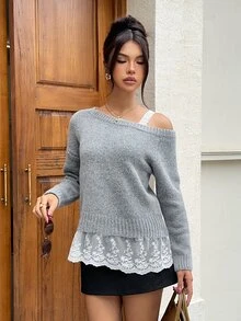Siren Gaze Women's New Autumn/Winter Asymmetrical Shoulder Long Sleeve Lace Patchwork Pullover Sweater - Grey - View 4