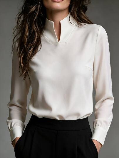 SHEIN New Chinese Style Stand Collar V-Neck Long Sleeve Spring/Autumn Women's Blouse, Vacation Outfit, Basic Top, Elegant Women's Blouse, Autumn Women's Blouse For Outings, Casual Women's Blouse, Country Style Blouse, Women's Holiday Outfit, Solid Color Blouse, White Blouse, School Blouse, White School Blouse, New Spring/Autumn Women's Blouse