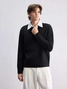 Manfinity Hypemode 男士拼接領 2 合 1 長袖套頭毛衣，休閒針織秋冬服飾，黑色寬鬆時尚通勤穿搭，百搭翻領套頭毛衣 - 黑色 - 查看 7