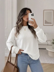 Easowa Women's Fall Winter Textured Round Neck Long Sleeve Casual Sweatshirt Brunch White - White - View 1