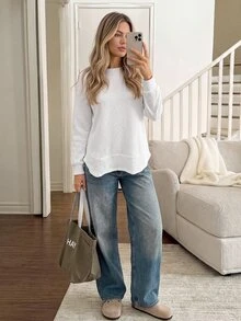 Easowa Women's Fall Winter Textured Round Neck Long Sleeve Casual Sweatshirt Brunch White - White - View 6