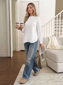 Easowa Women's Fall Winter Textured Round Neck Long Sleeve Casual Sweatshirt Brunch White - White - View 4
