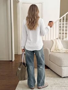 Easowa Women's Fall Winter Textured Round Neck Long Sleeve Casual Sweatshirt Brunch White - White - View 5