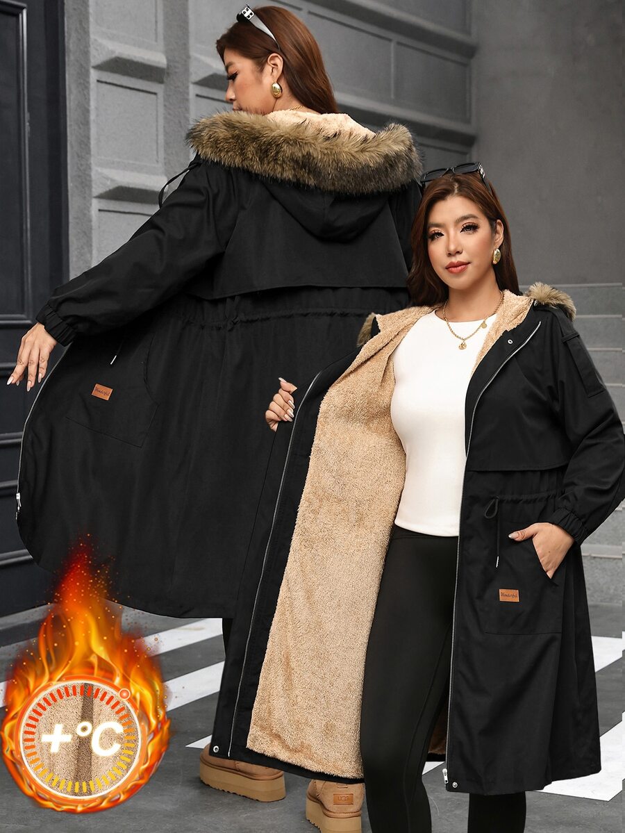 SHEIN Clasi Plus Size Women's Solid Color Thermal Lined Fashion Long Hooded Trench Coat Winter - Black - View 1