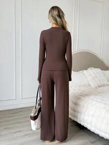 Easowa Women's Solid Color Long Sleeve Single-Breasted Top And Pants Casual 2 Pieces Set Warm Fabric - Brown - View 8